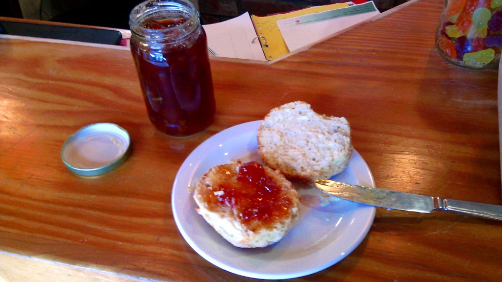 Some of the marrow jam spread over a lovely scone from Quinns Tearooms